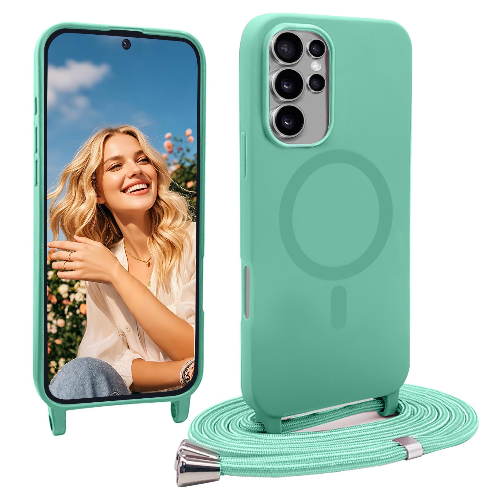 Magnetic Case for Samsung Galaxy S22 Ultra with Crossbody Strap, slim Silicone TPU Shockproof Phone Cover with Adjustable Lanyard Necklace, Compatible with MagSafe MintGreen3