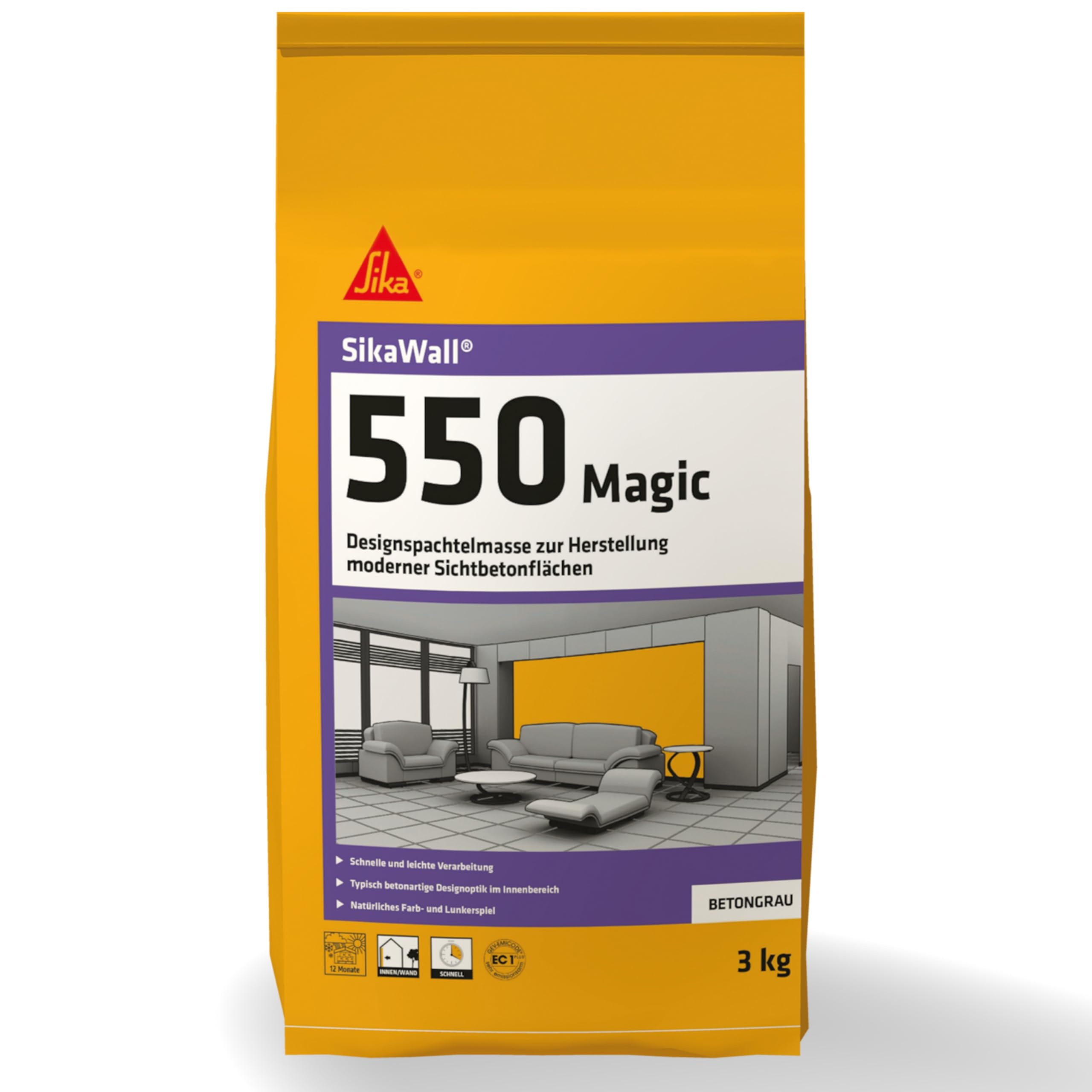 SIKA - Designspachtelmasse Betonoptik - SikaWall-550 Magic - 3kg | Für moderne Wandflächen in Betonoptik - Edler Beton-Look - Dekorative Gestaltung - Einfache Verarbeitung