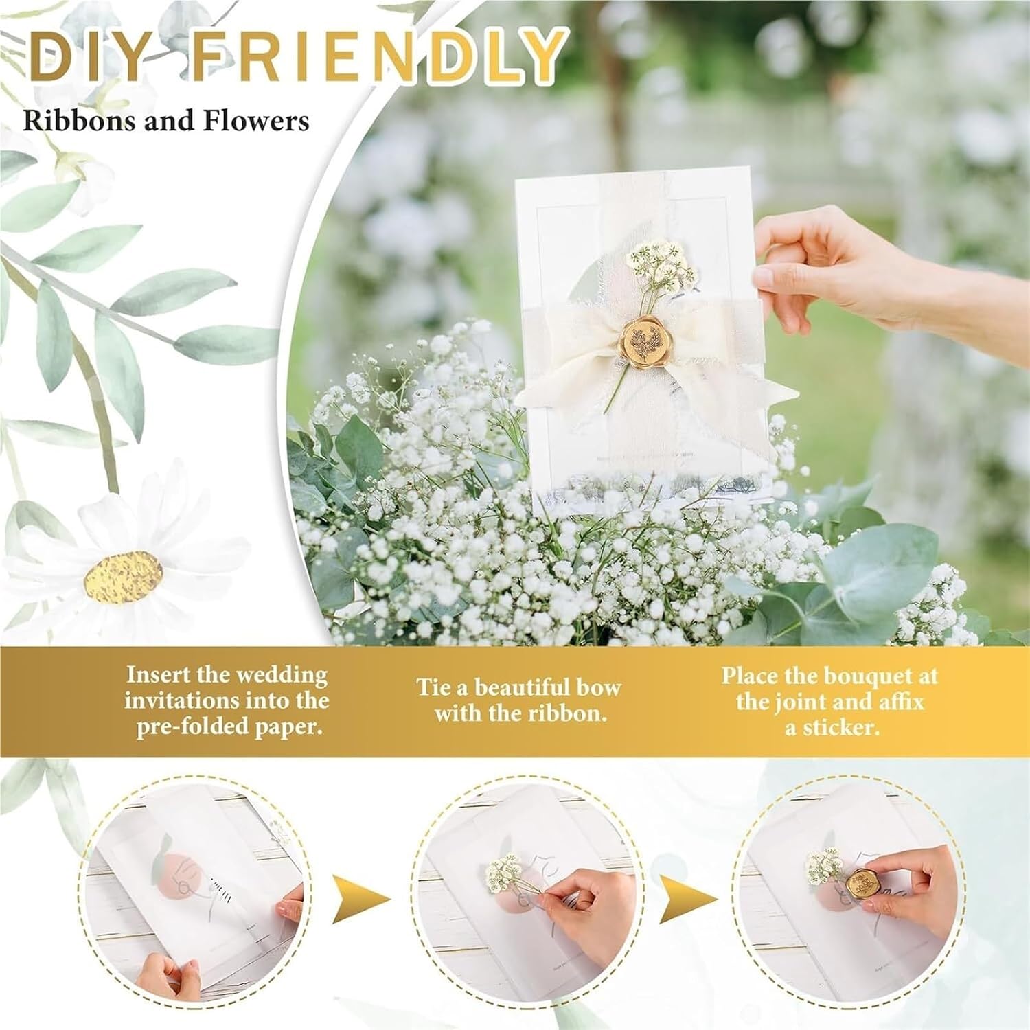 Wedding Invitation Sleeves 100 Set Wedding Invitations Wraps Pre Folded Vellum Jackets for 5 x 7 Self Adhesive Gold Wax Seal Sticke