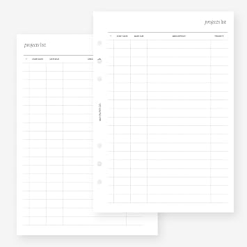 MAY PAPER CO. A5 Projects List Planner Insert Agenda Refill for Filofax A5, Kikki K Large, LV GM sized 6 ring agendas, 5.8 x 8.3