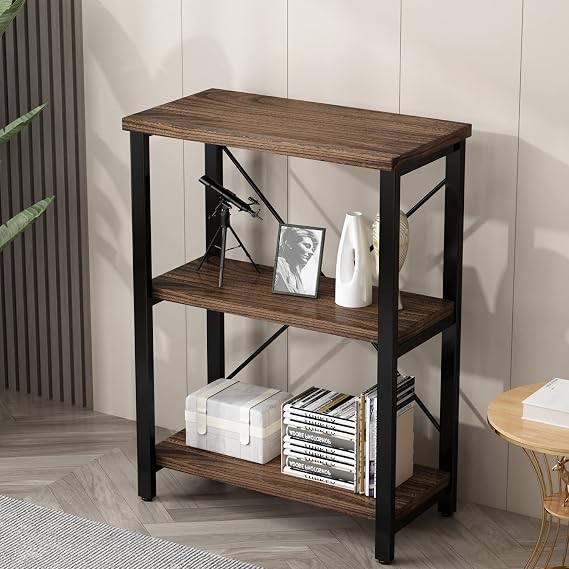 AY01-3-Tier Industrial Solid Wood Open Etagel Bookshelf Metal Frame Rustic Wood Metal Shelf Storage Organizer for Living Room Bookshelf Furniture