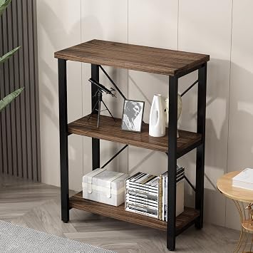 AY01-3-Tier Industrial Solid Wood Open Etagel Bookshelf Metal Frame Rustic Wood Metal Shelf Storage Organizer for Living Room Bookshelf Furniture