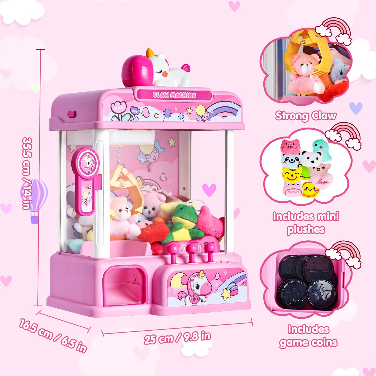 CWLAKON Candy Grabber Machine, Machine à Attraper Les Poupées avec 20 Mini Jouet, Distributeur de Bonbons Jeu d'arcade avec Musique, Anniversaires et Cadeaux de Noël pour Enfants Filles, Rose
