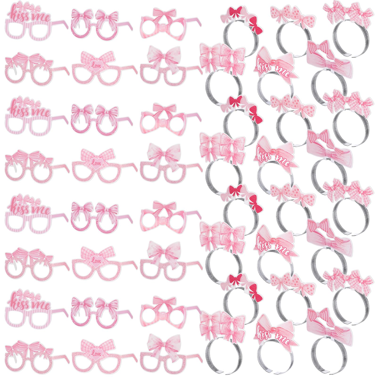 Daifunli 48 Pcs Pink Coquette Bow Party Favors Gift, Pink Bow Paper Eyeglasses and Headbands Photo Props for Girl Birthday Decorations Bachelorette