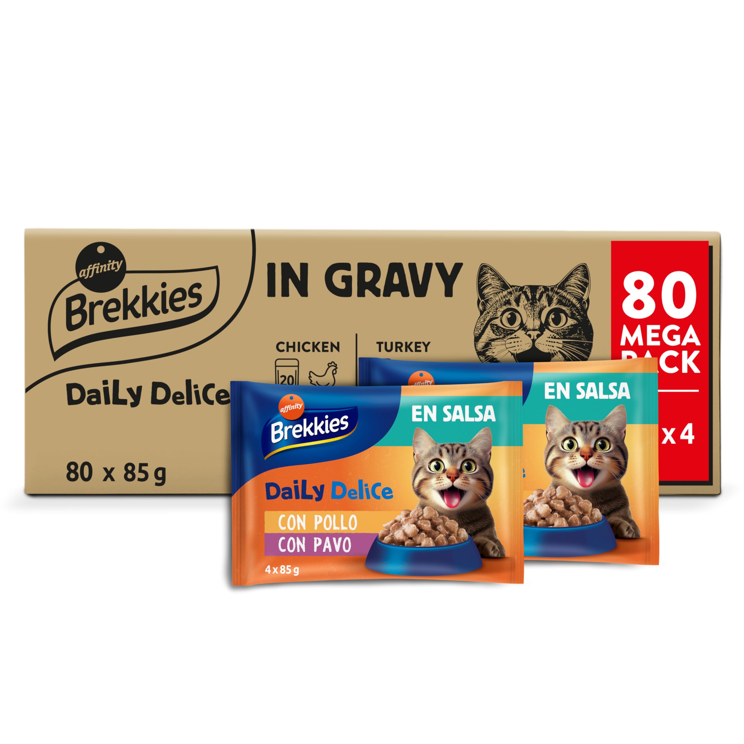 Brekkies Daily Delice Wet Cat Food Bites in Sauce (Chicken, Turkey, Salmon and Tuna) - Jumbo Pack of 80 x 85g