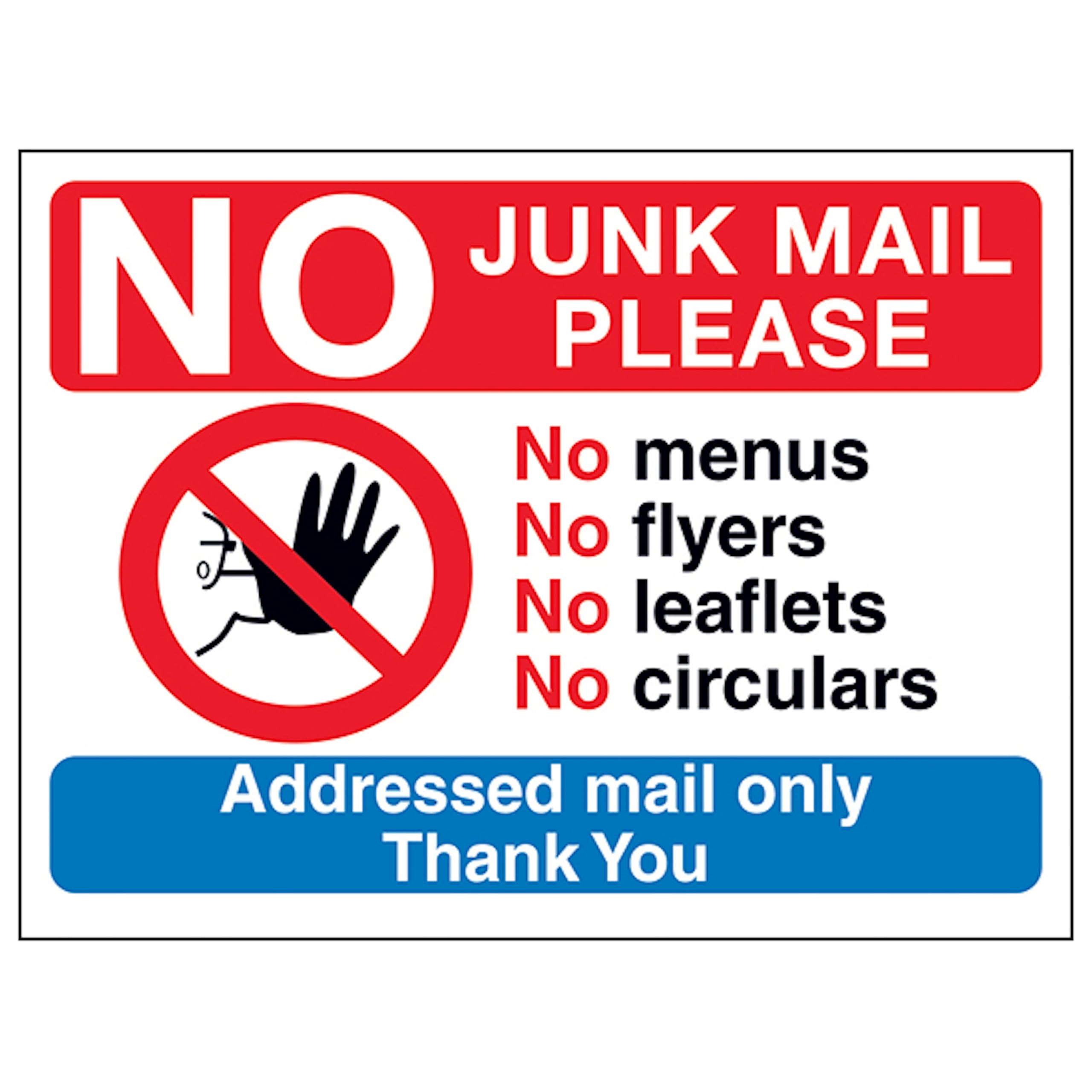 V Safety No Access Symbol: No Junk Mail Please, No Menus, No Flyers... 150 x 100 mm - Glow In The Dark Self Adhesive Vinyl Safety Sign