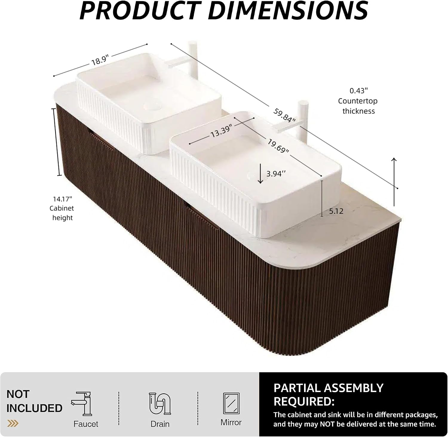Floating Bathroom Vanity with Sink 60 Inch, Wall-Mounted Plywood Bathroom Vanity Cabinet with Drawer, Faux Marble Countertop & White Rectangle Ceramic Basin, Pre-Assembled, Walnut Wood Grain