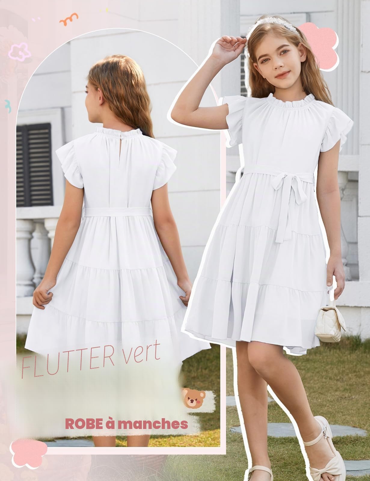 Robe pour Fille Été Robe Manches à Volants Col Rond Robes de Soirée Décontractées Robe Trapèze Mi-Longue Flottante avec Ceinture