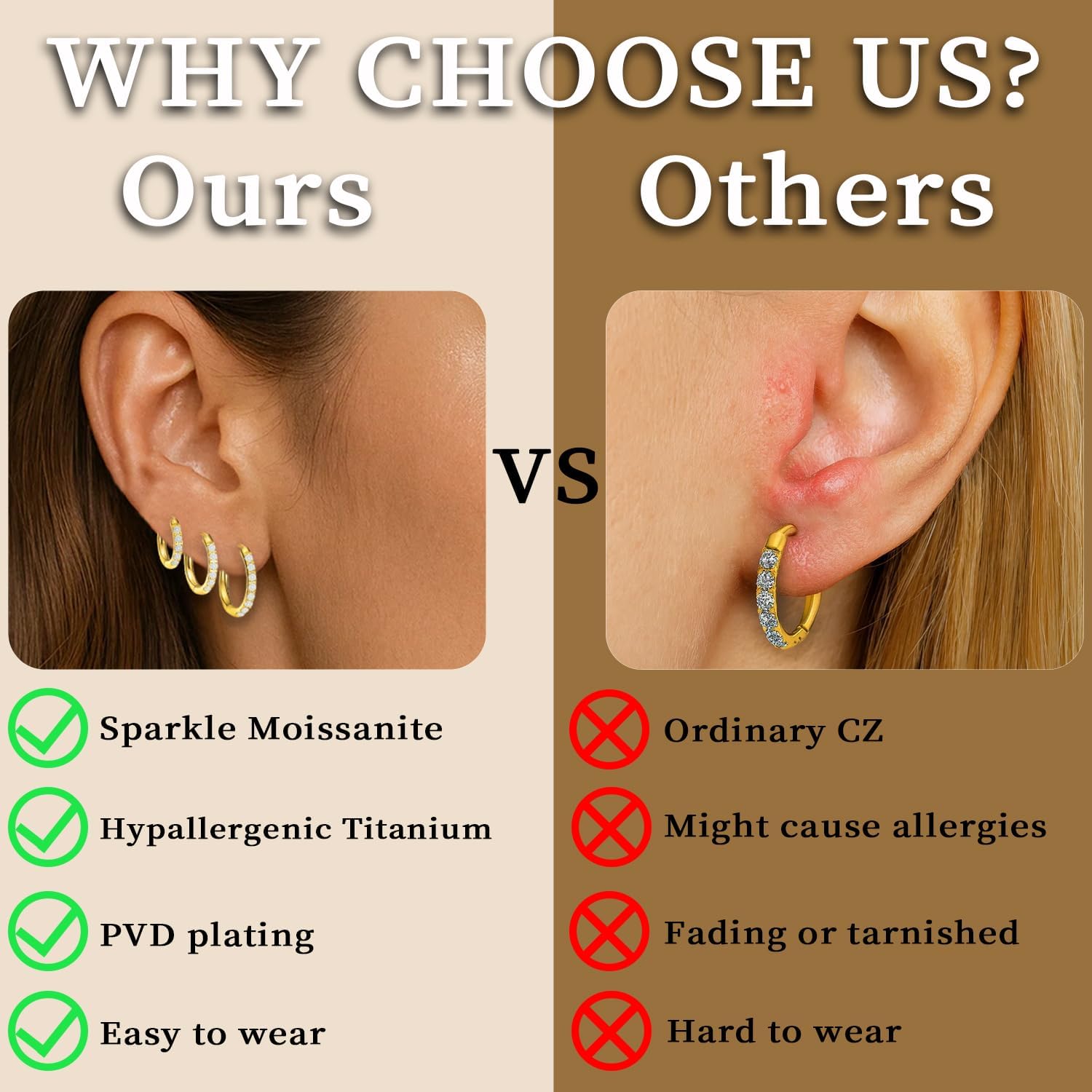 Dainty Moissanite Huggies: 3-Pair Hypoallergenic Earring Set in 14K Gold Plated G23 Titanium for Sensitive Ears, Tiny Cartilage & Wedding Hoops for Everyday Luxury - Image 6