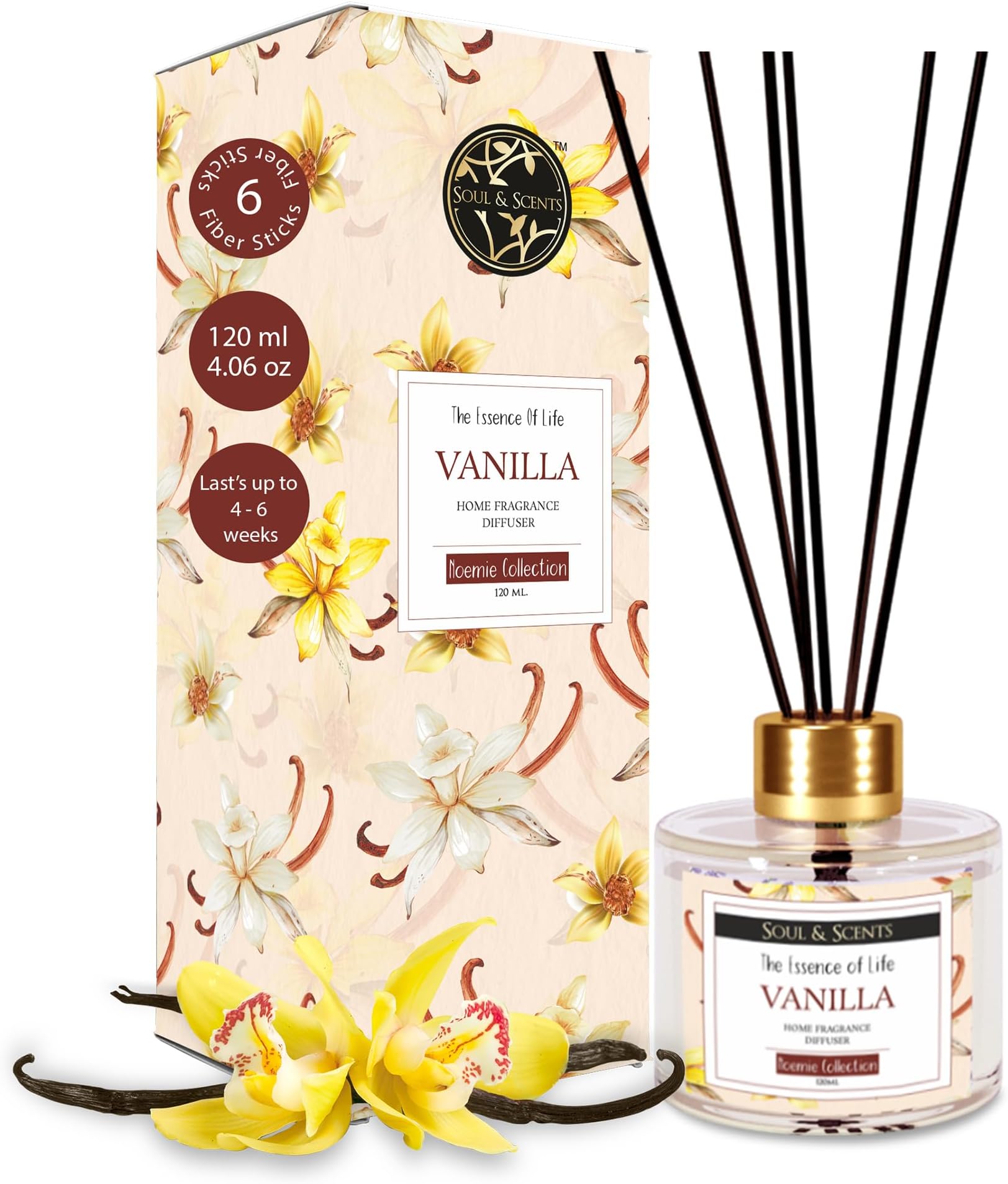 Soul & Scents Vanilla Scented 4.06 oz (120ml) Reed Diffuser Set with 6 Fiber Sticks for Room Decor | Home Fragrance Reed Diffuser | Air Freshners for Home