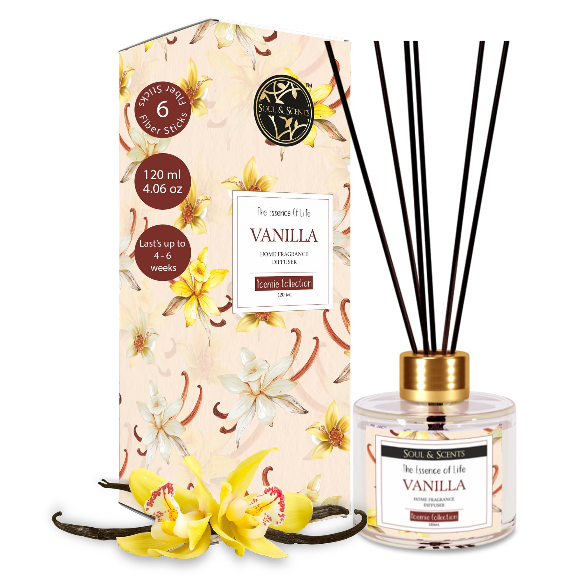 Soul & Scents Vanilla Scented 4.06 oz (120ml) Reed Diffuser Set with 6 Fiber Sticks for Room Decor | Home Fragrance Reed Diffuser | Air Freshners for Home