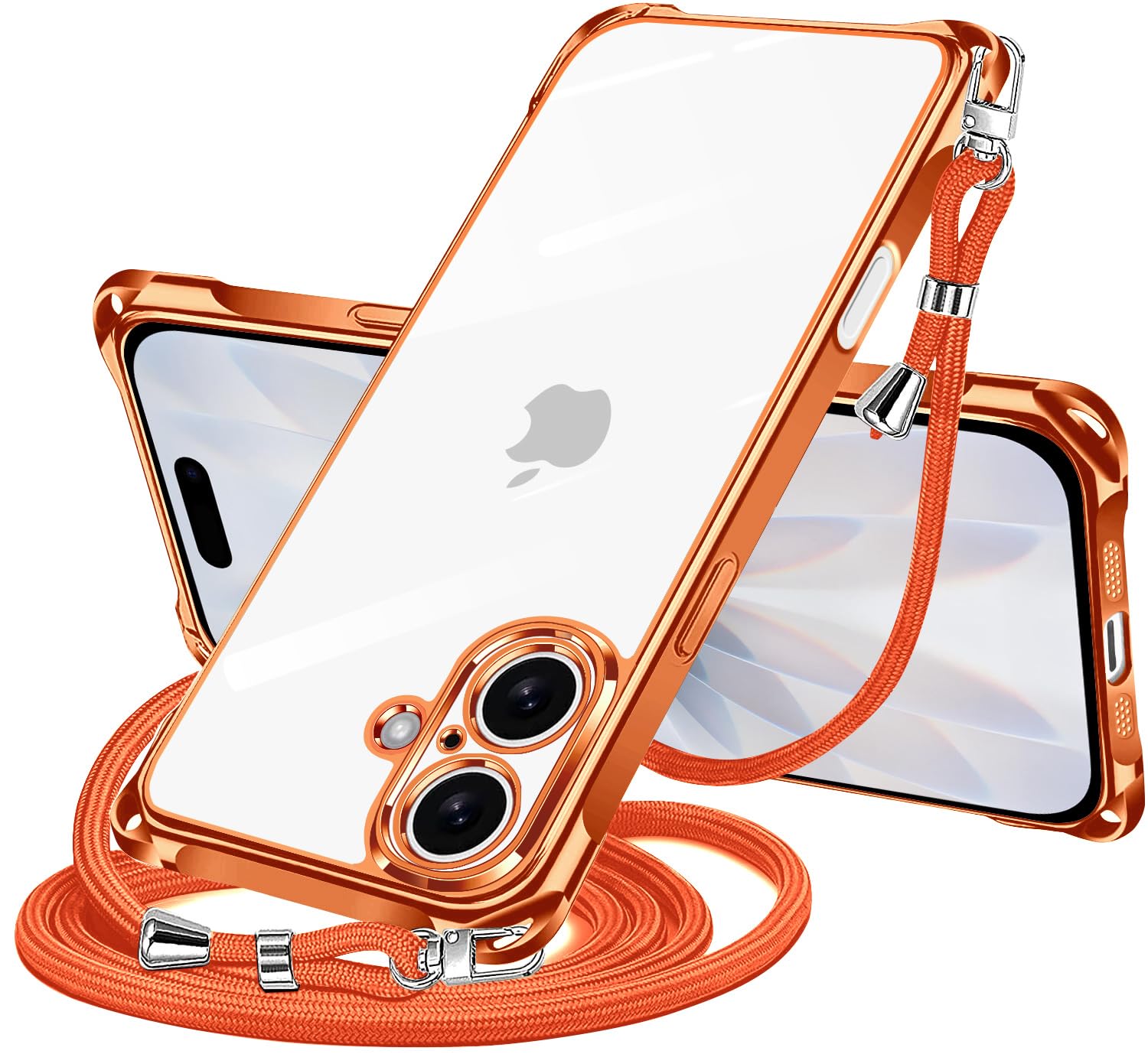 NISIILNG iPhone 17 用 ケース クリア ショルダー iPhone17 スマホケース アイフォン17 カバー 肩掛け 斜めかけ 縄掛けケース 透明 薄型 軽量 耐衝撃 TPU ストラップ付き 紐付き 斜めがけ 織りストラップ付き ネックストラップ ショルダー 縦/横 2WAY 長さ調整可能 取り外し可能 落下防止 紛失防止 (オレンジ)