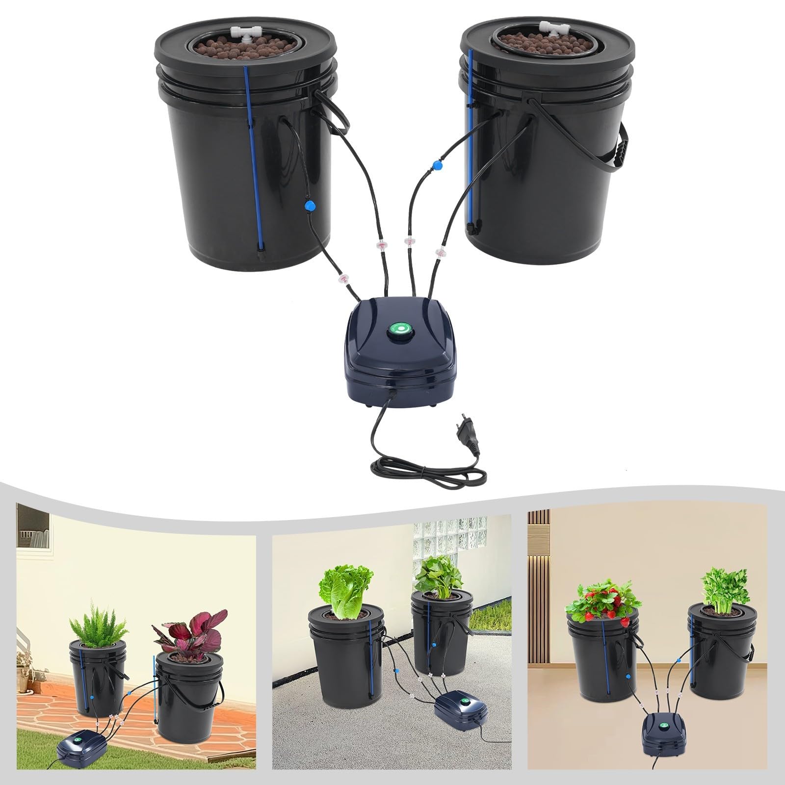 Hydroponiczny system uprawy z 2 doniczkami, hydroponiczny system uprawy, pompa powietrza 18,93 l, wskaźnik poziomu wody, keramzyt do użytku wewnątrz pomieszczeń, ogrodu, warzyw, owoców i