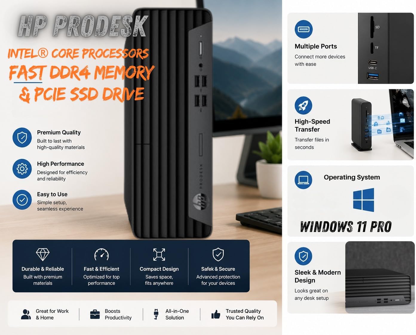HP ProDesk G9 SFF Desktop Computer, Intel Processor, Dual 4K Display Support| 8GB RAM, 256GB SSD| WiFi| Bluetooth| HDMI, USB, RJ-45| Windows 11 Pro| Wired Keyboard & Mouse| Business & Personal Use