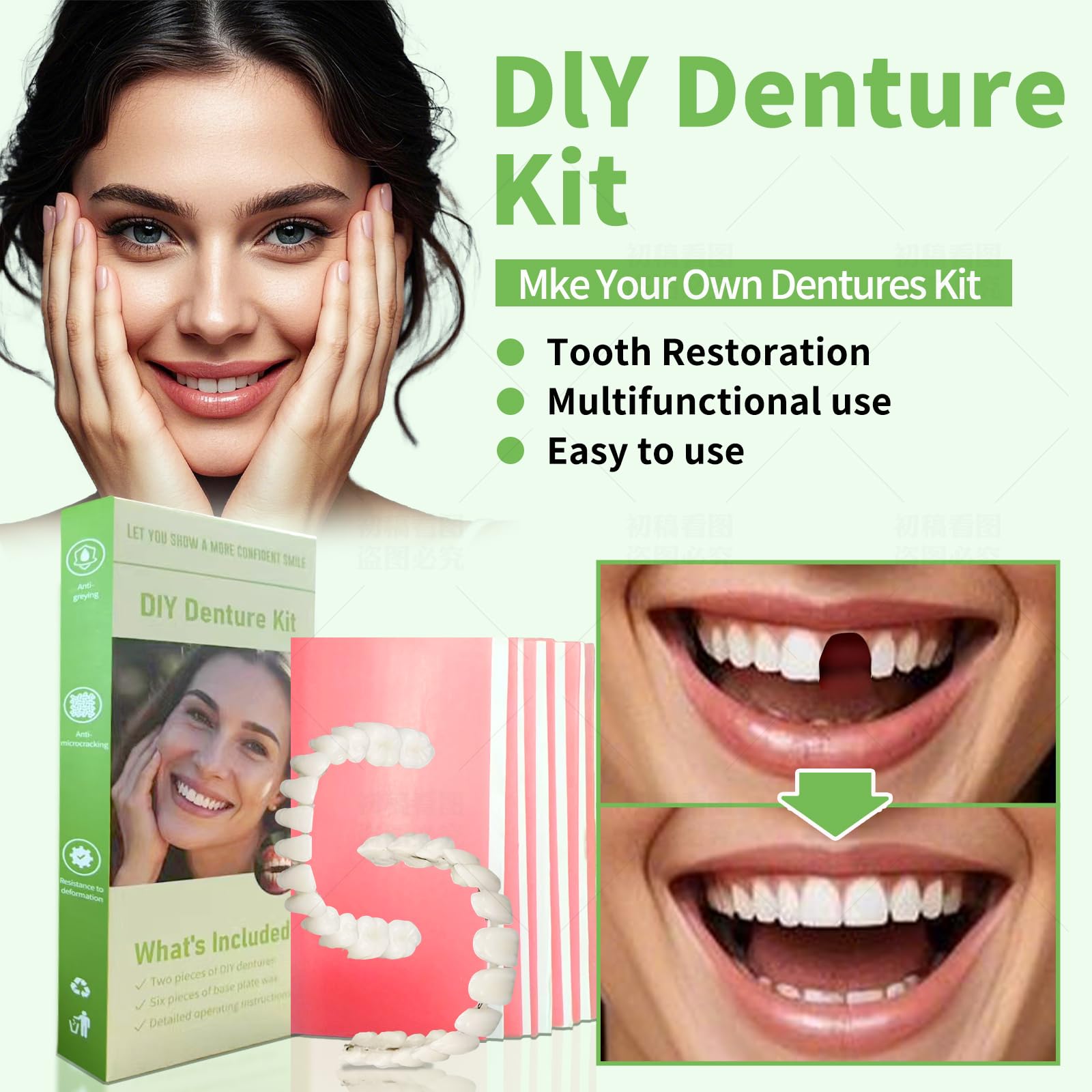 Kit de dentier à faire soi-même – Faux dents supérieures et inférieures avec confort pour un usage quotidien, solution de remplacement d'urgence naturelle (taille universelle) MM03
