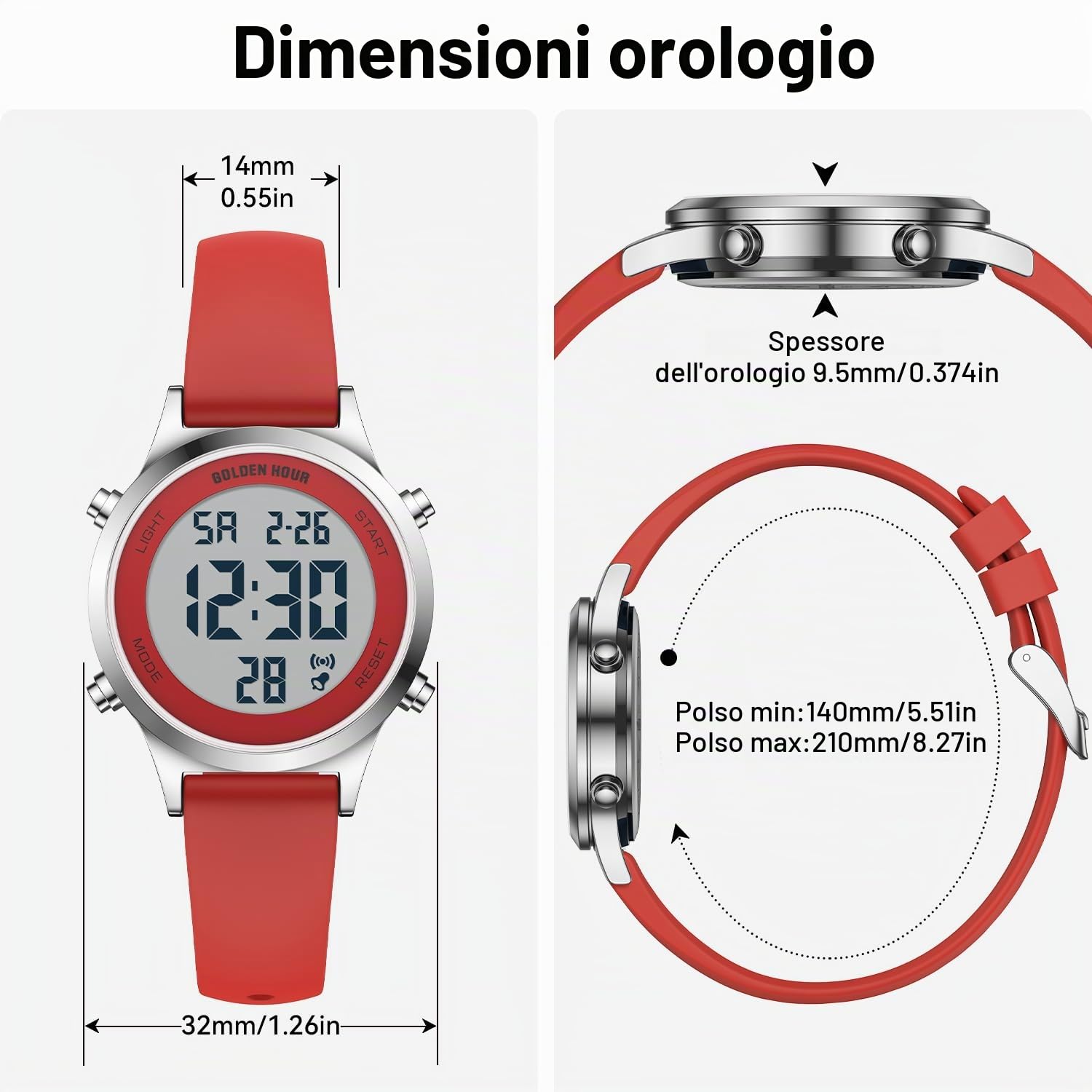 GOLDEN HOUR Orologi digitali da donna impermeabili con cinturino in silicone, cronografo da 32 mm