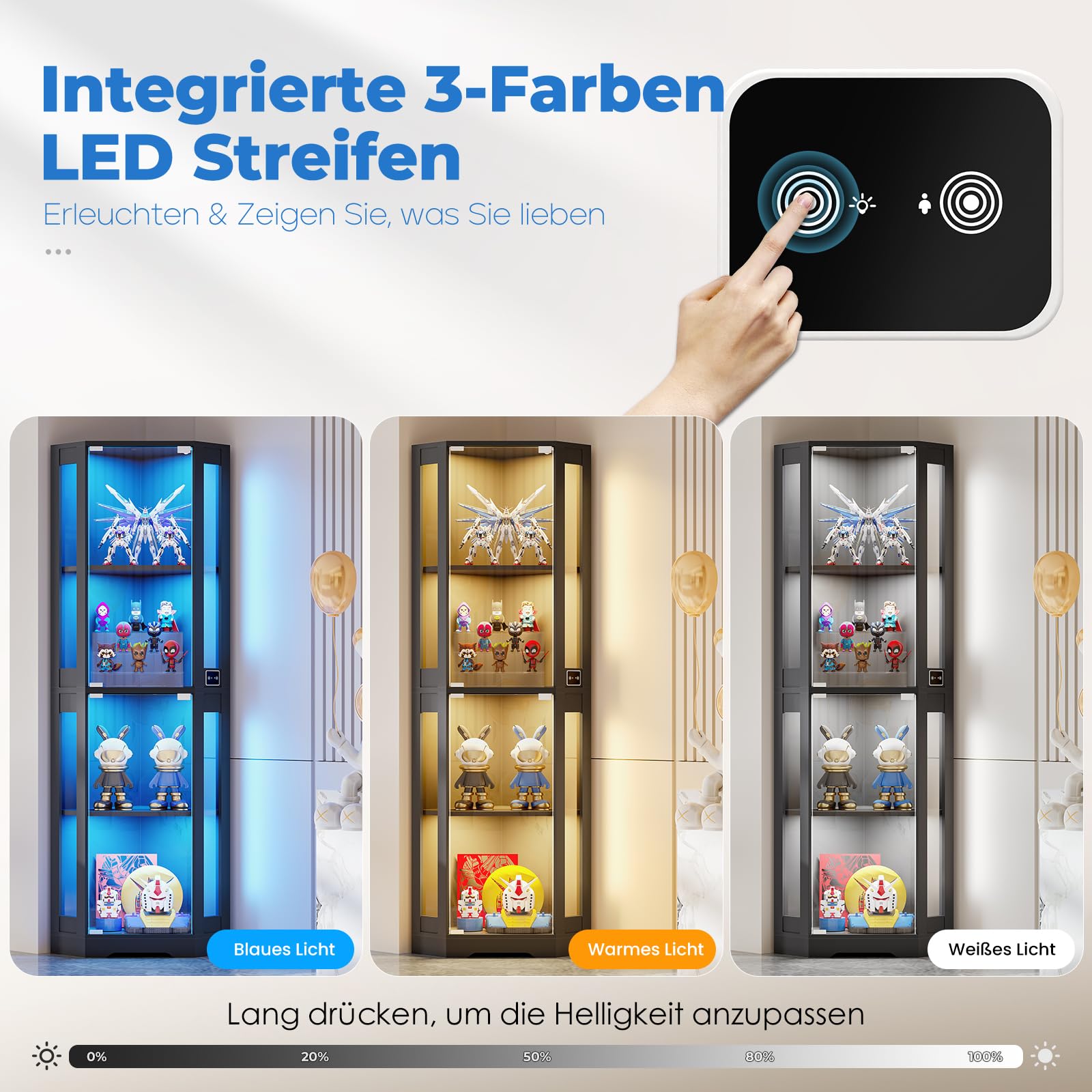 BROTTAR 165 cm Eck-Glasvitrine mit LED-Beleuchtung & 4-stufige Schauvitrine mit Glastüren und Human Body Sensor für Sammlerstücke, Spirituosen, Schwarz