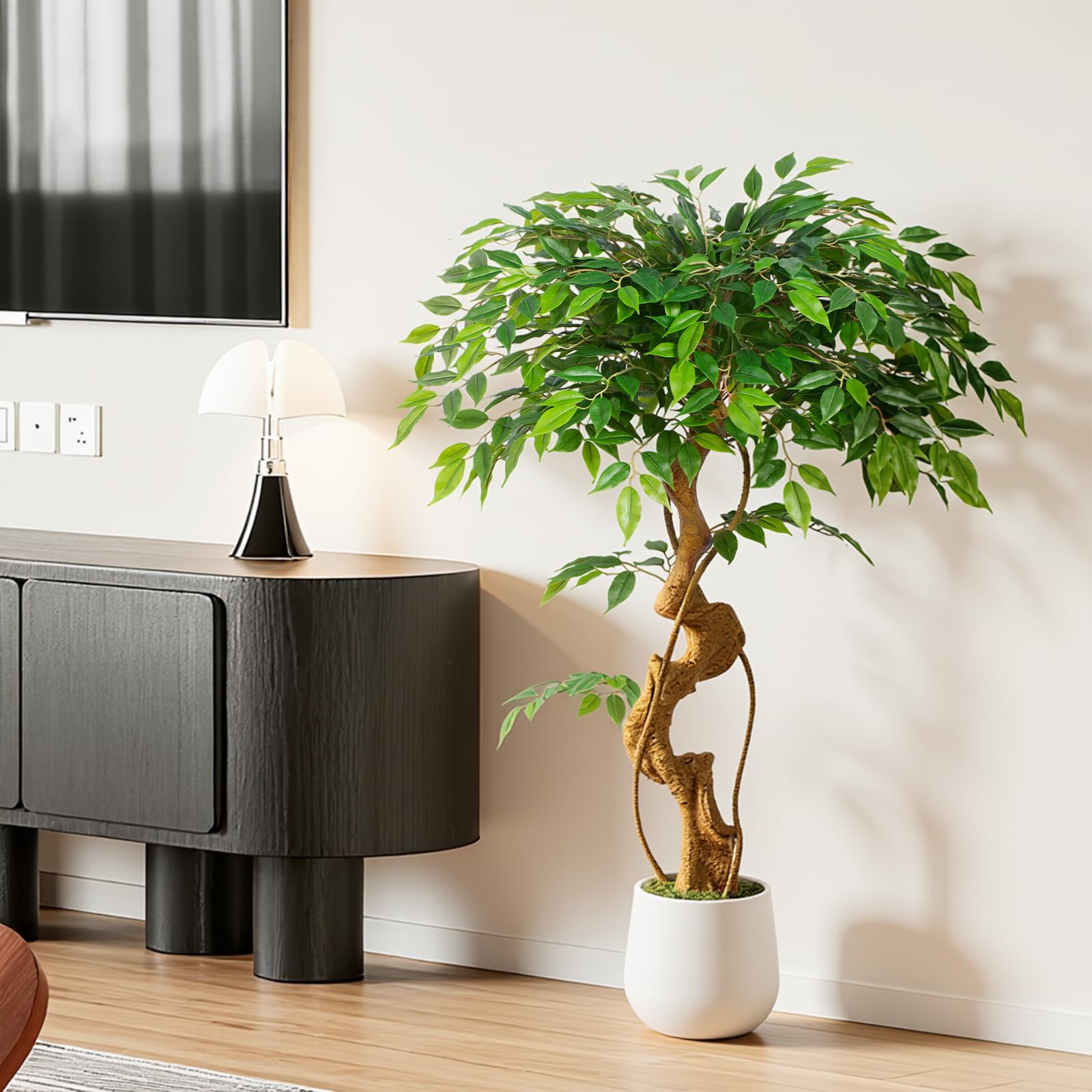 Pianta artificiale, albero di ficus, 120 cm, con vaso bianco, grande come reale, con tronco curvo e 930 foglie, albero artificiale per decorazione di interni, soggiorno, camera da letto