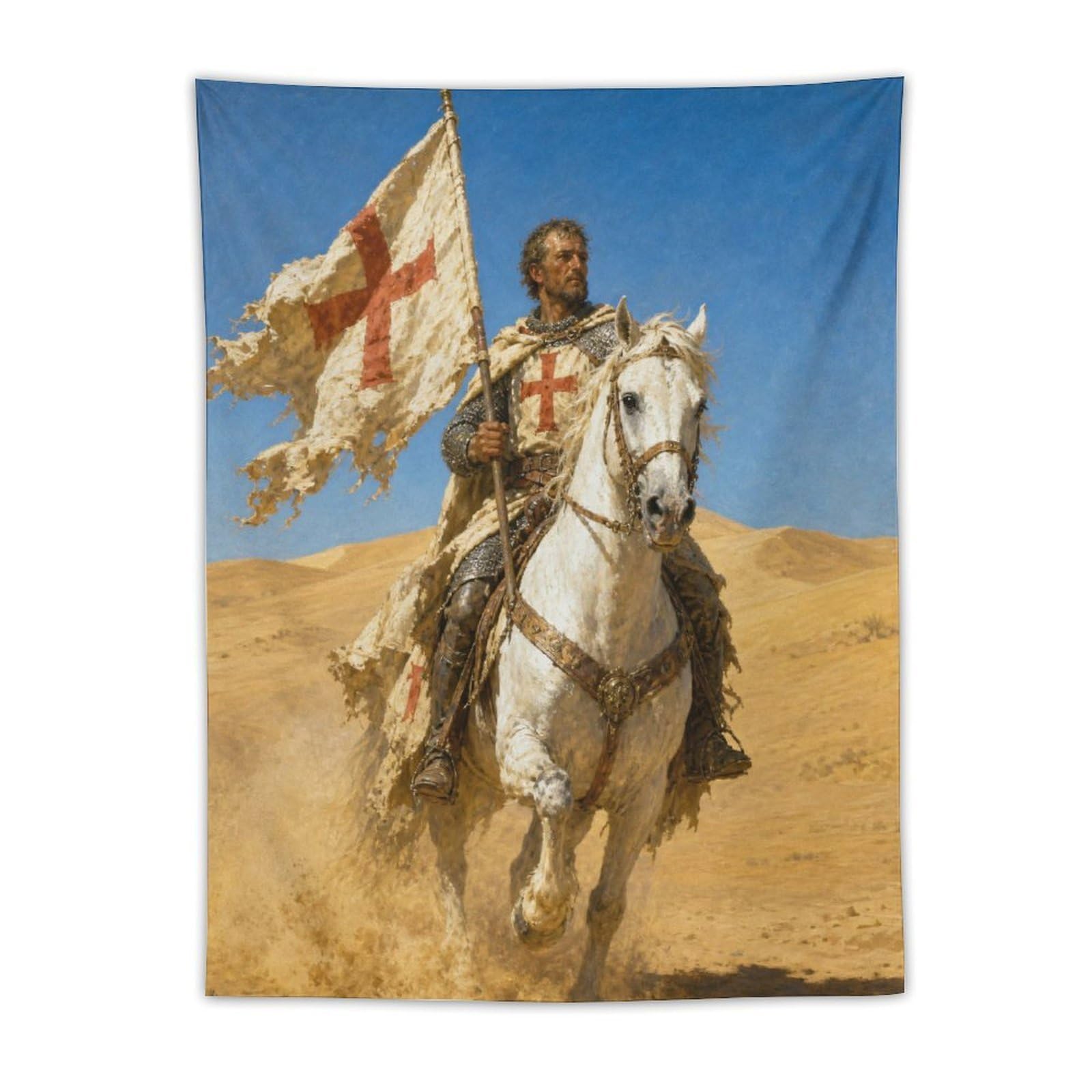 W7C8U2X3 Crusader Knight Wall Tapestry, Medieval Illustration, Backdrop