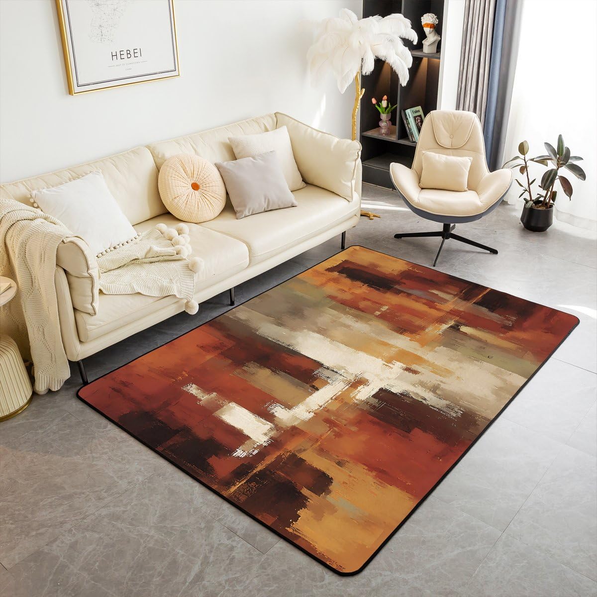 Feelyou Burnt Orange Area Rug 3x5 Abstract Rust Art Living Room Rugs for Kids Boys Girls Bedroom Geometric Modern Chic Decor Carpet with Non-Slip Backing Farmhouse Indoor Floor Mat Soft Polyester