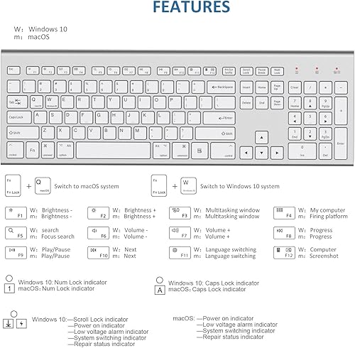 Miniatura 6 de FEDARFOX - Combo de teclado y mouse inalámbricos, ergonómico de conmutación de sistema doble, delgado, compacto, de tamaño completo, teclado