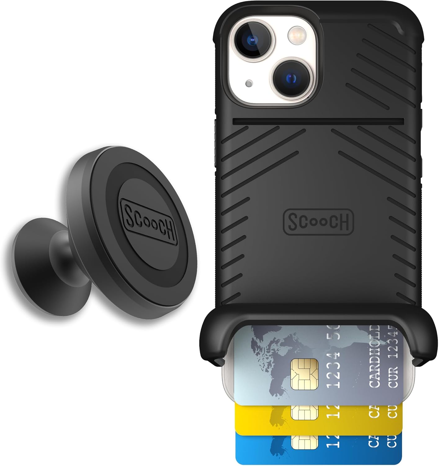 Scooch for iPhone 13 Mini Case with Card Holder, Wingmate Wallet Case Black, Bundled with Wingmount Magnetic Car Mount