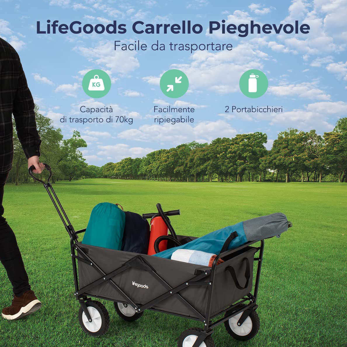 LifeGoods Carrello Spiaggia - Carrello Pieghevole Con Ruote - Carrello Spiaggia Ruote Grandi - Ruote Girevoli - 2 Supporti - Capacità Di Carico Di 70Kg - Grigio