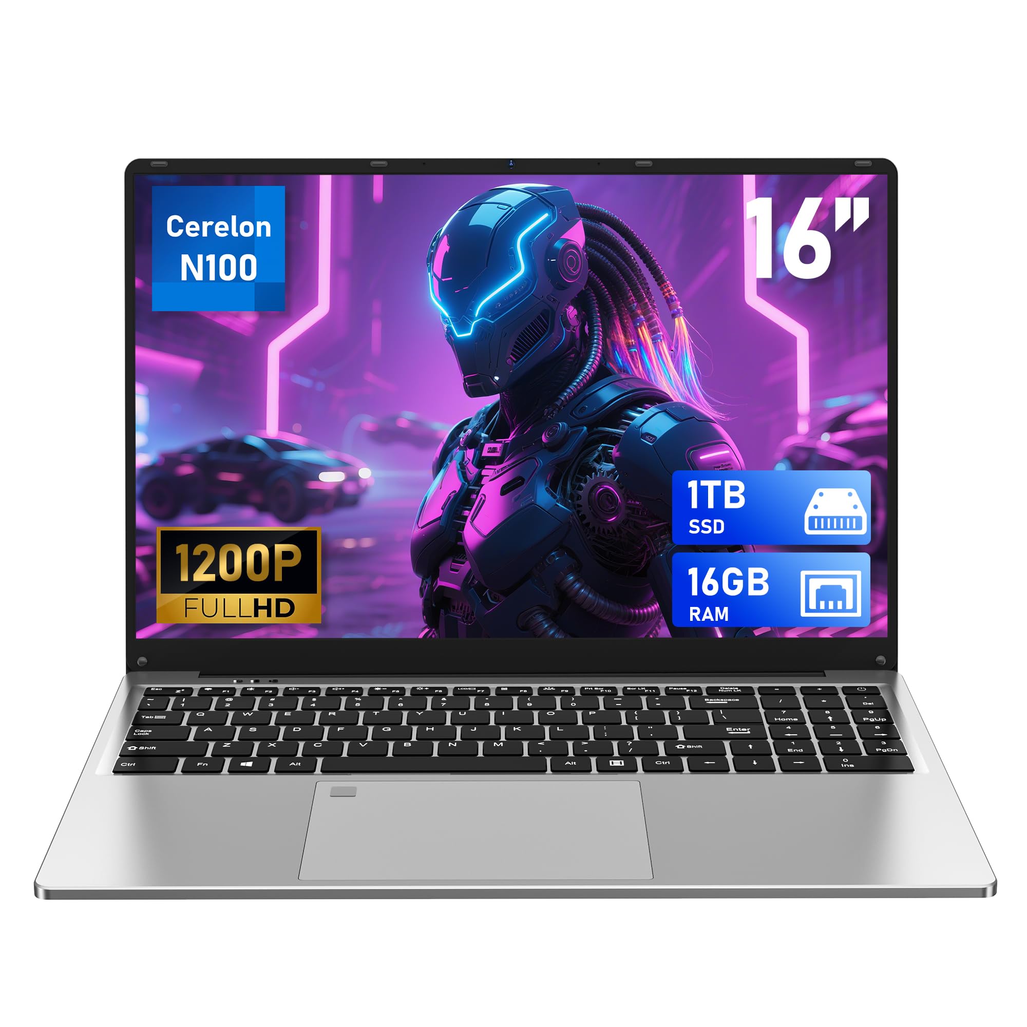 FUNYET Computer Portatile 16", PC Portatile Notebook 16GB RAM, 1TB SSD, Processore N100(Fino a 3,4 GHz), 6000 mAh, Win 11 Laptop, 1920x1200IPS, Tastiera Retroilluminata, WIFI 5, BT 5.0