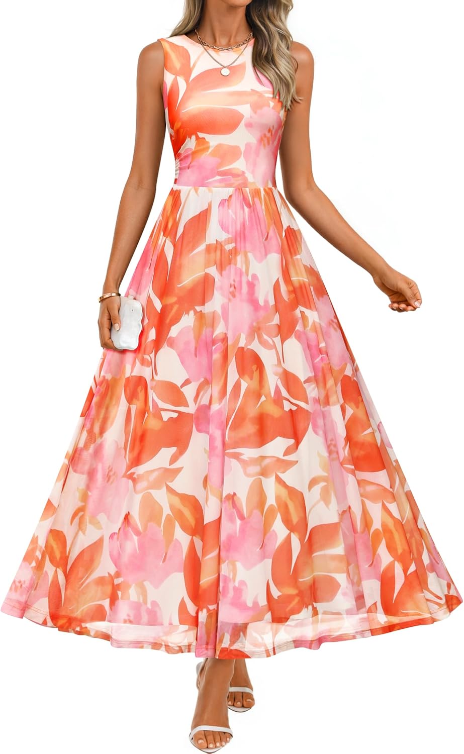 ZESICA Women's Summer Sleeveless Floral Maxi Dress 2026 Casual Crewneck Mesh A Line Flowy Boho Beach Party Long Dresses