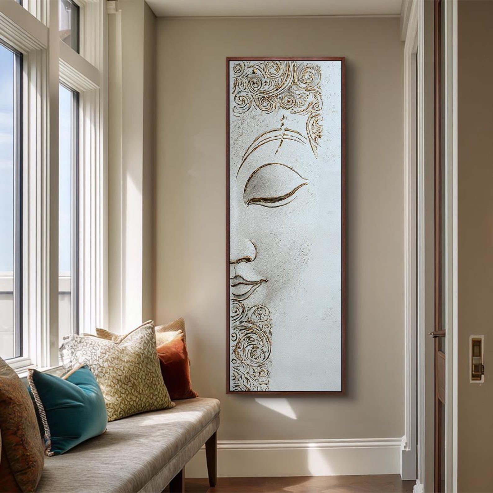 XBTYKPB Cuadro vertical de Buda en lienzo, pintura alta y estrecha para meditación, pieza de inspiración espiritual, decoración para sala de yoga (60x180cm/marco interior).