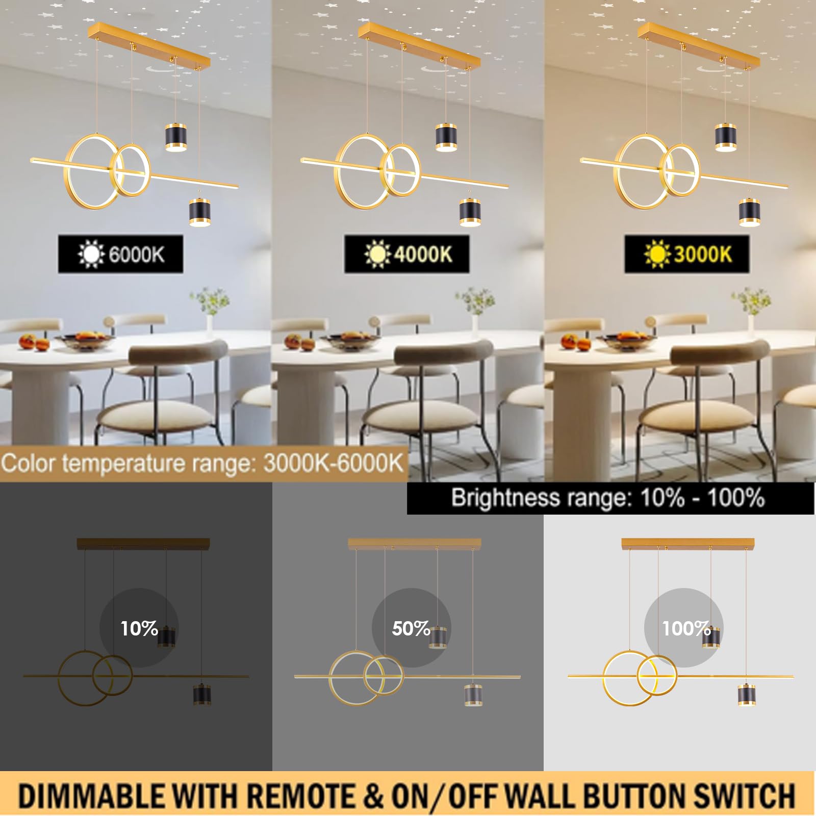 Qiaomao Hanglamp Woonkamer Led-Plafondlamp Goud Dimbaar Met Afstandsbediening 76w, Moderne 3-Ring Kroonluchter in Hoogte Verstelbare Woonkamerlamp, Eettafel, Eetkamer, Slaapkamer, 20 40 60cm
