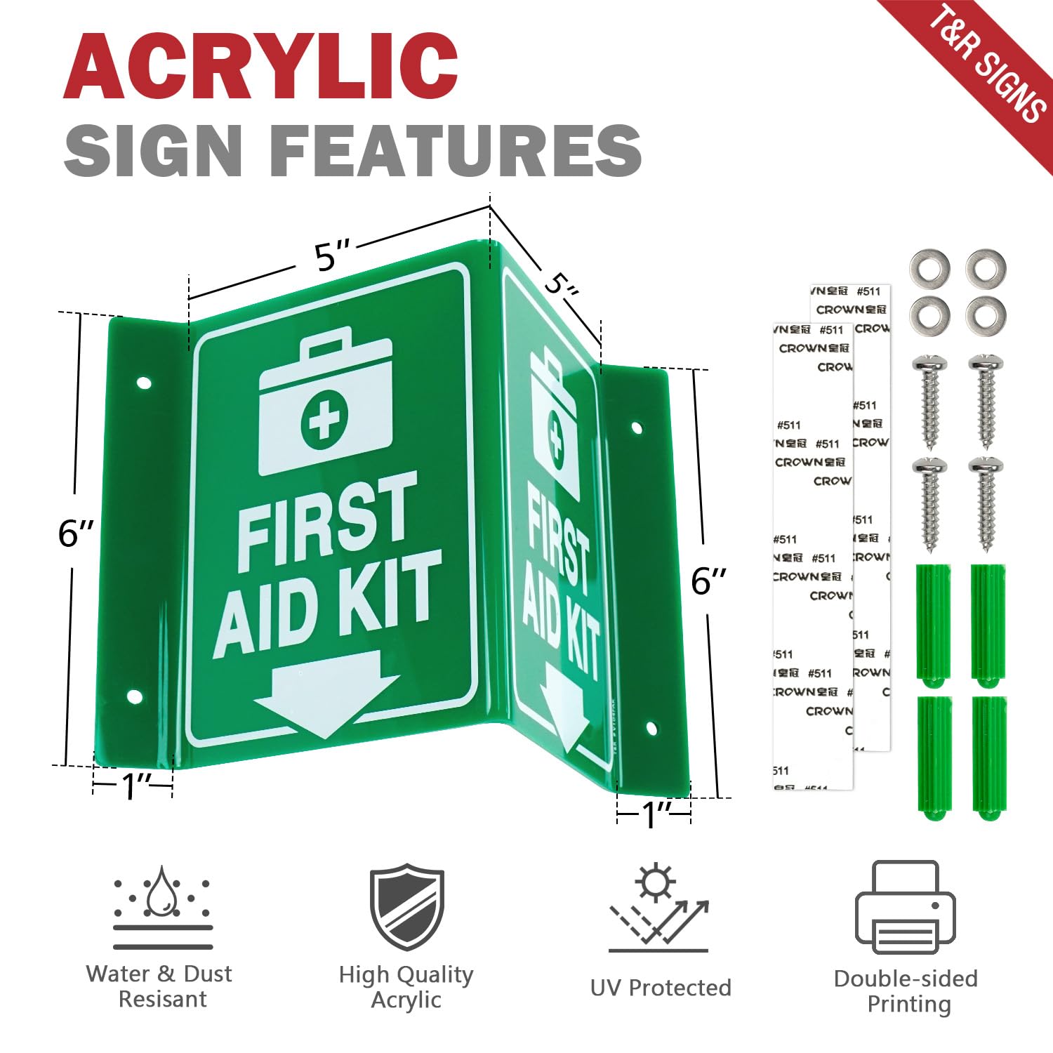 T&R Kit di primo soccorso, kit di primo soccorso con freccia verso il basso, confezione da 4, 20,3 x 15,2 cm, acrilico, 4 fori preforati, include viti abbinate, uso per ufficio/lavoro