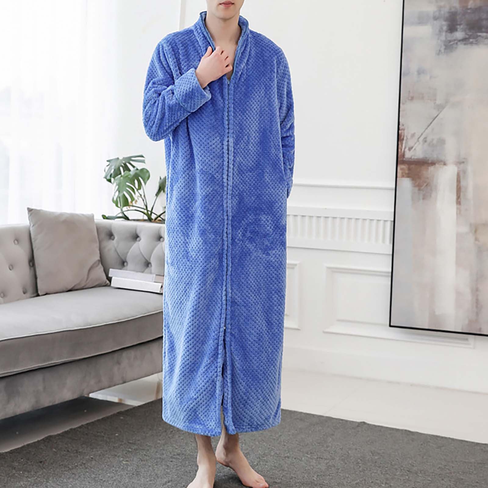 Accappatoio da donna con cerniera, leggero M-XL, vestaglia taglie lunga in pile | Pigiama da donna con scollo a V, con tasche, tinta unita, delicato sulla pelle