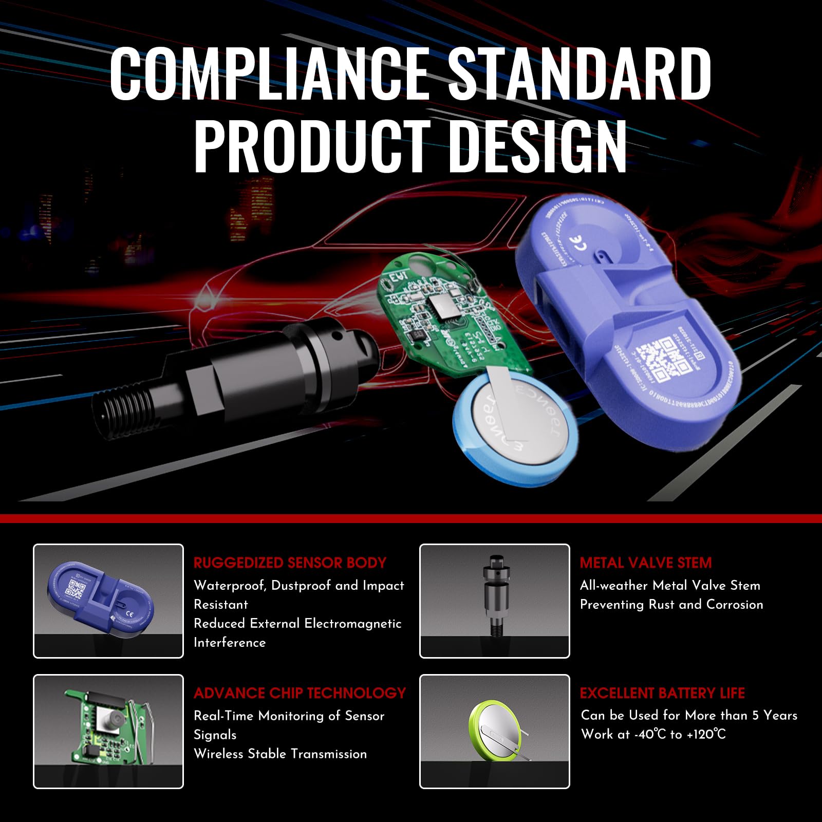 CARORAV Sensor TPMS Tesla, Sistema de Monitorización de Presión de Neumáticos Bluetooth apto para 2020 2021 2022 2023 2024 2025 Tesla Model S, Model X, Model Y, Model 3, Juego de 4 Reemplaza 1472547G