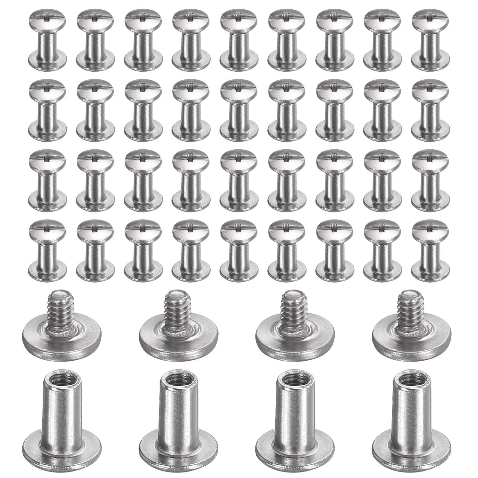 sourcing map 40set Chicago Screw M2x6mm 3mm Length Metal Phillips Nail Rivet Stud Bolts Rivets Binding Post Screw for DIY Leather Belt Bag Craft Bookbinding, Silver