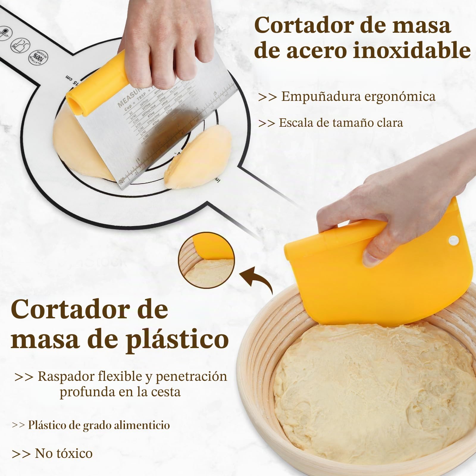 BEWOS Cesta de Fermentación para Pan de 9 Piezas - Contiene Canasta Oval 25 cm y Redonda 23 cm para Fermentar, Hecho en Mimbre Natural, con una Rasqueta y su Funda Protectora