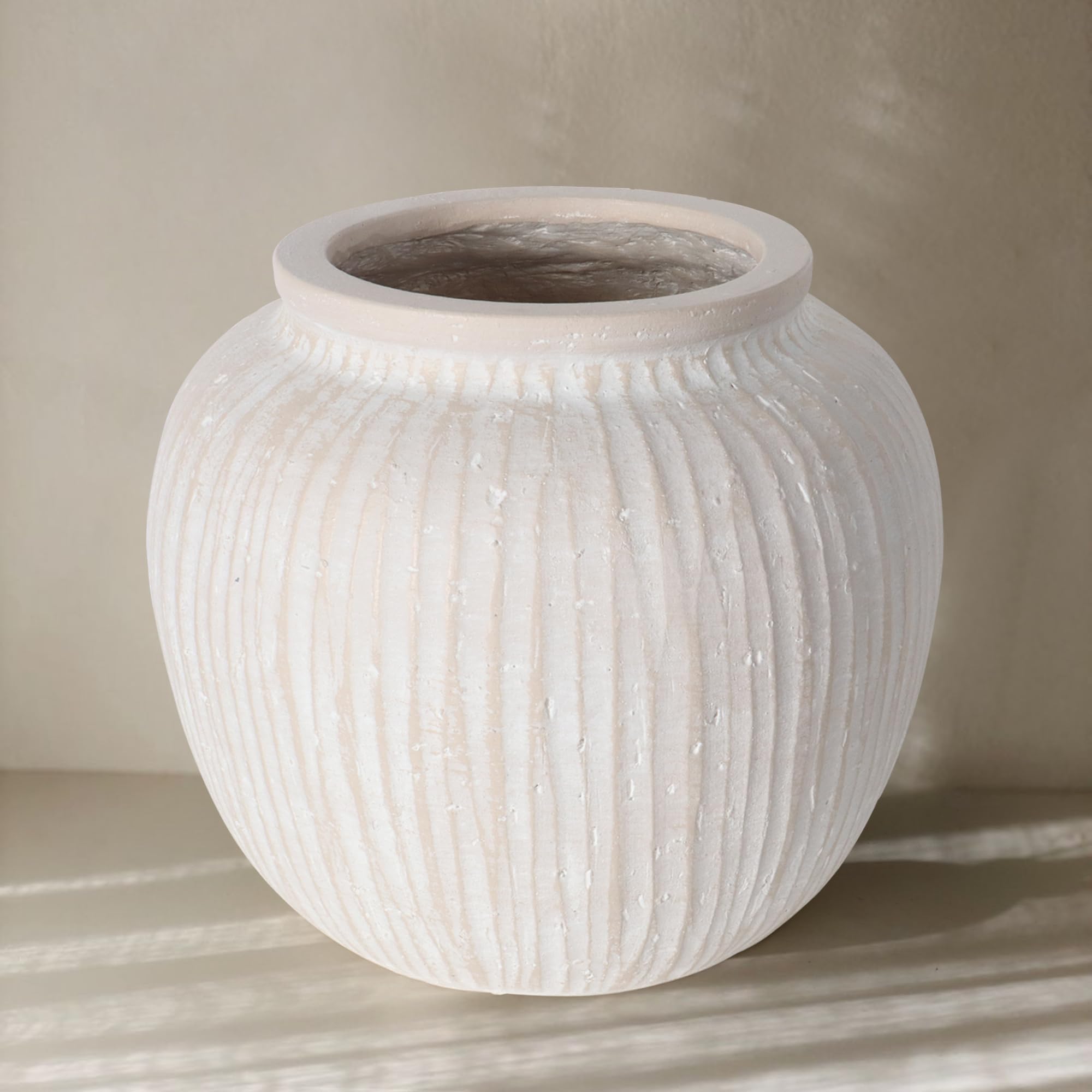 Large Rustic Minimalist Vase, 9.84" Magnesium Clay, Distressed Round for Home Decor, Farmhouse Centerpieces Kitchen Living Room Bedroom, Vintage White