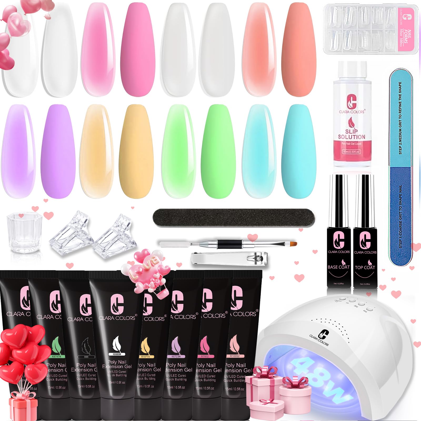 Clara Colors Polygel Extension Gel Nail Kit - 8 Colors Polygel Nail Kit with 48W Power Nail Lamp Nude Clear White Pink All In One Polygel Nail Kit