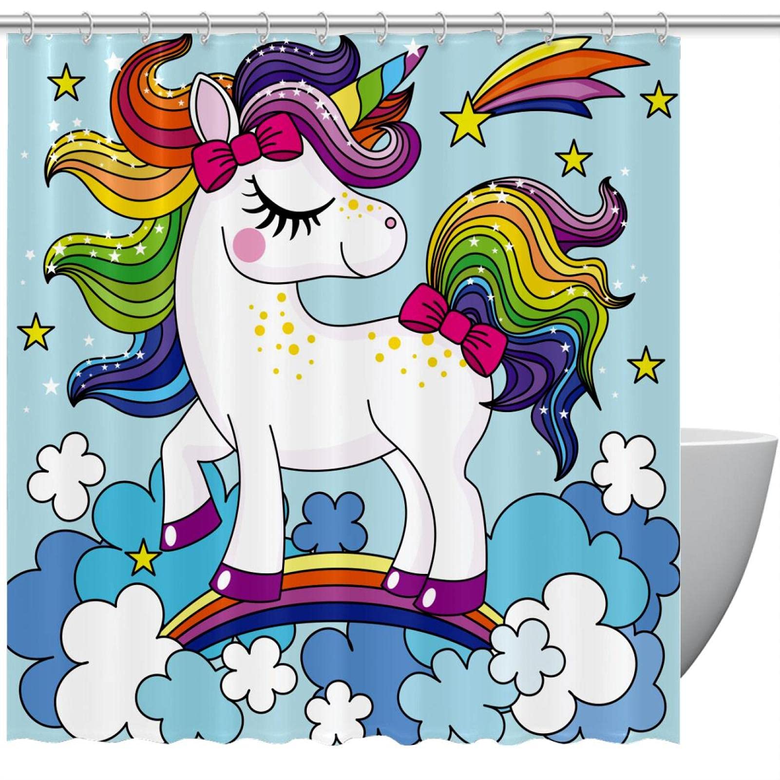 Rideau de douche licorne bleu 183 cm pour éviter les éclaboussures au sol