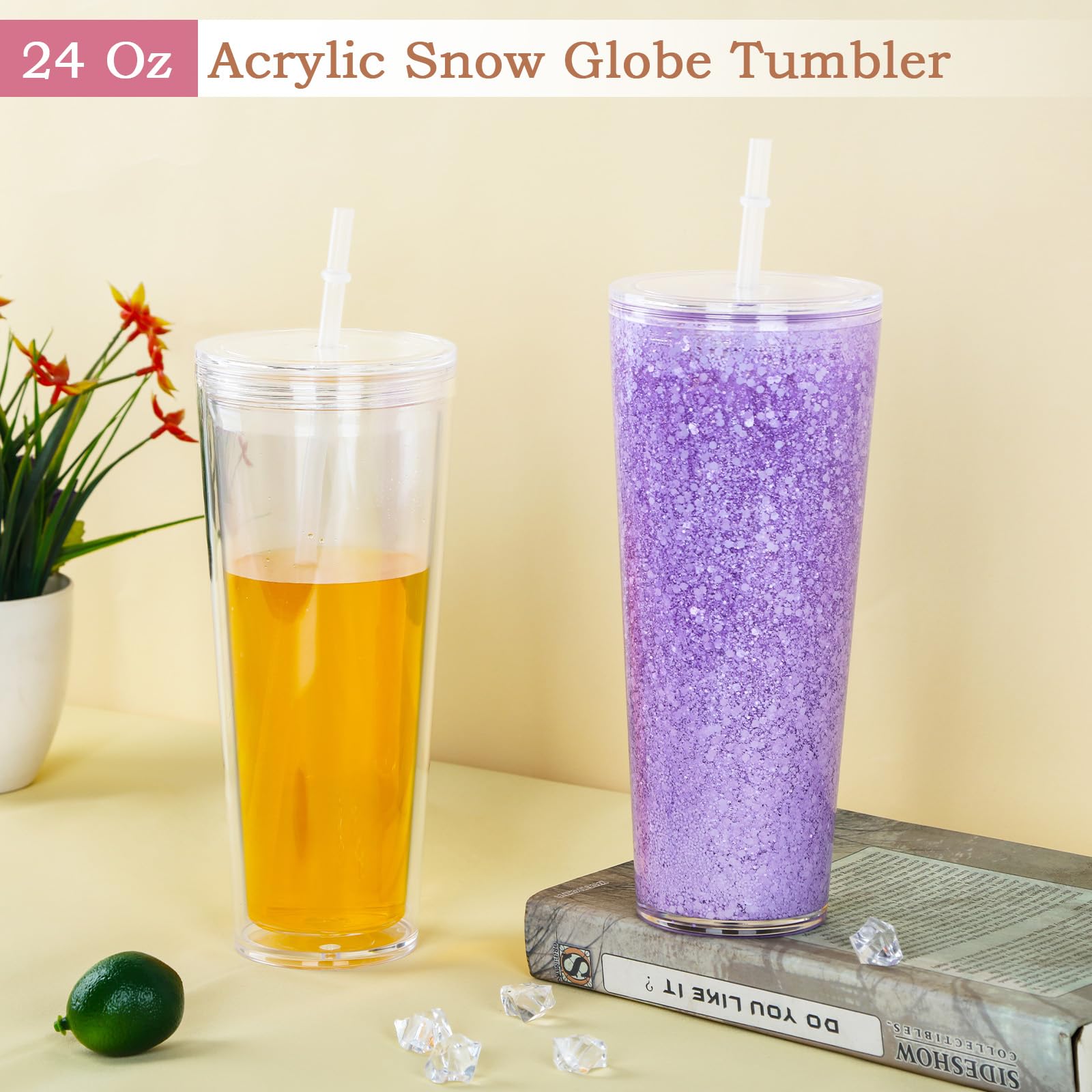 Cosictic 24 OZ Mehrweg Acryl-Schneekugel-Tumbler mit vorgebohrtem Loch, 709ml, Kunststoff-Doppelwandiger Schneekugel-Tumbler mit klarem Deckel und Trinkhalm, (8 Stück)