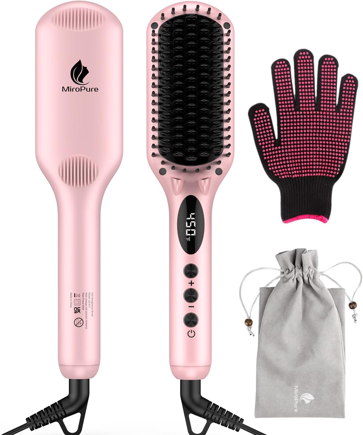 2-In 1 Ionic Hair Straightener Brush Mch Heating Hair Straightening Irons With Free Heat Resistant Glove And Temperature Lock Function (Golden Pink)