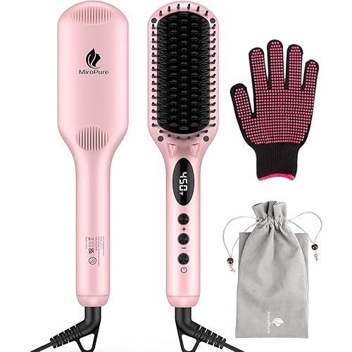 Enhanced Hair Straightener Heat Brush by MiroPure, 2-in-1 Ceramic Ionic Straightening Brush, Hot Comb with Anti-Scald Feature, Auto Temperature Lock & Auto-Off Function (Pink) 4 Piece Set