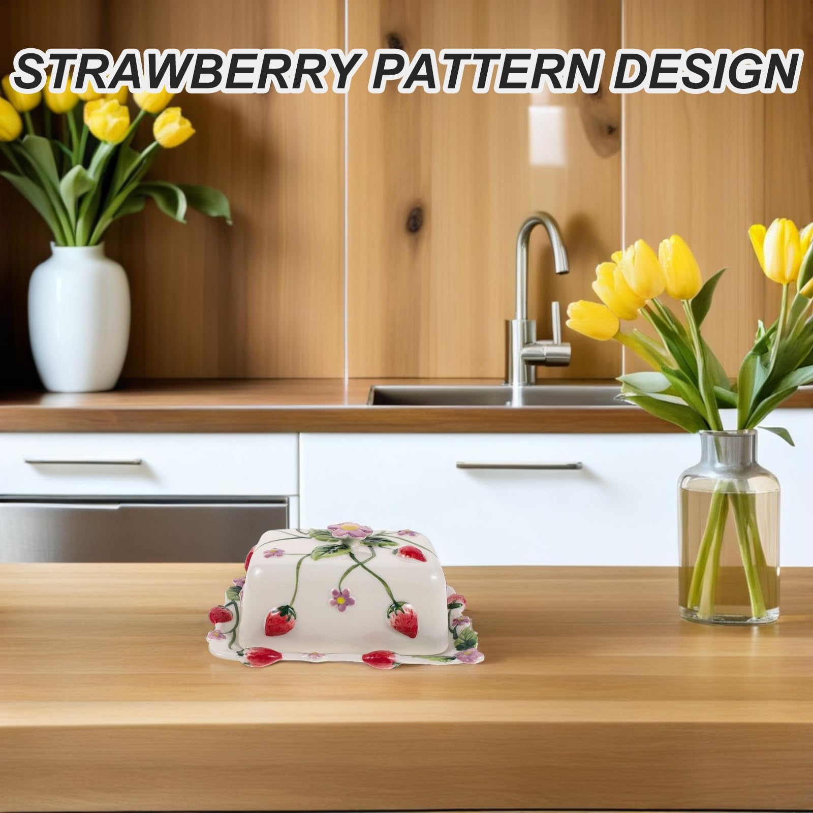 Beurrier Décoratif en Céramique avec Couvercle, Motif Fraise Floral