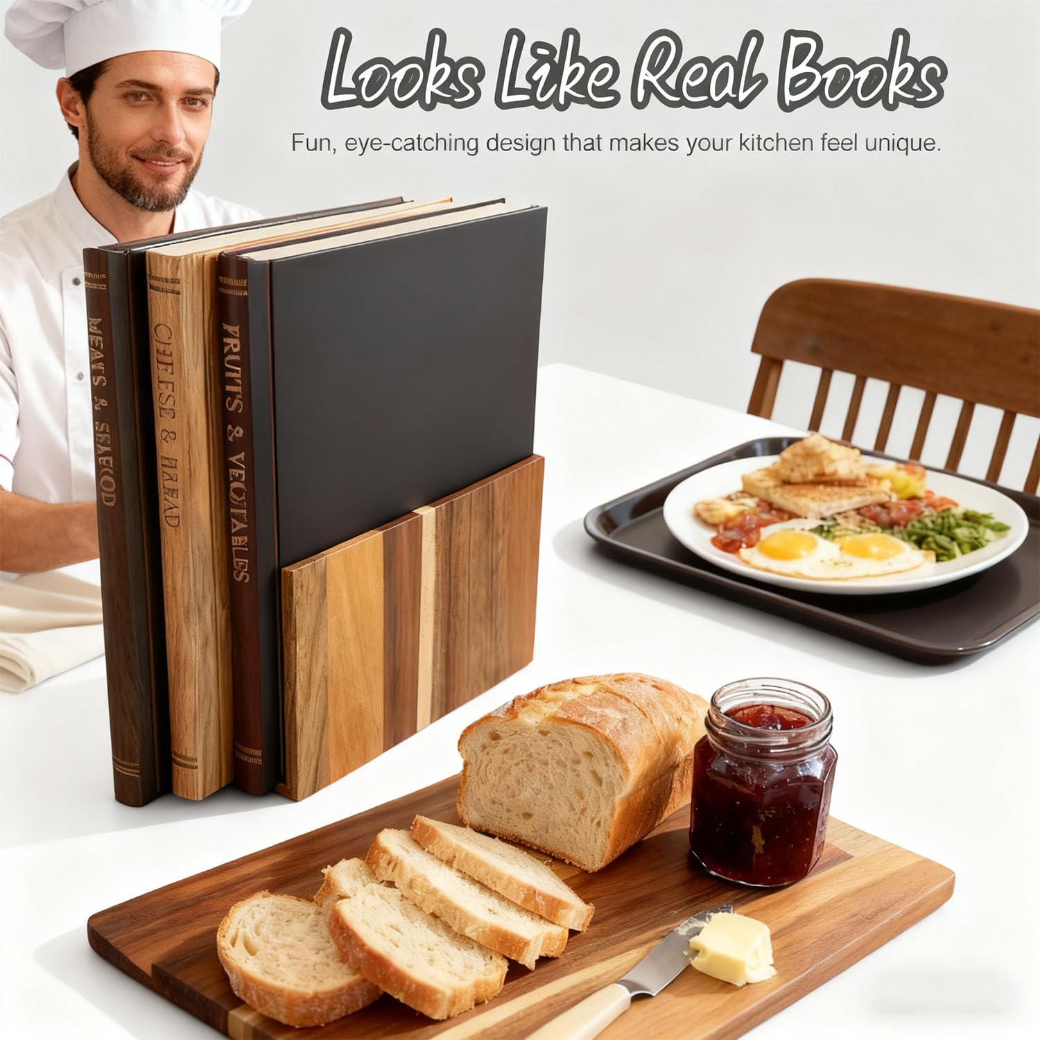 Tabla de cortar que parece libros - Juego de tablas de cortar con tabla de cortar con soporte para decoración de cocina y preparación de comidas (33 x 25,5 x 1,9 cm)