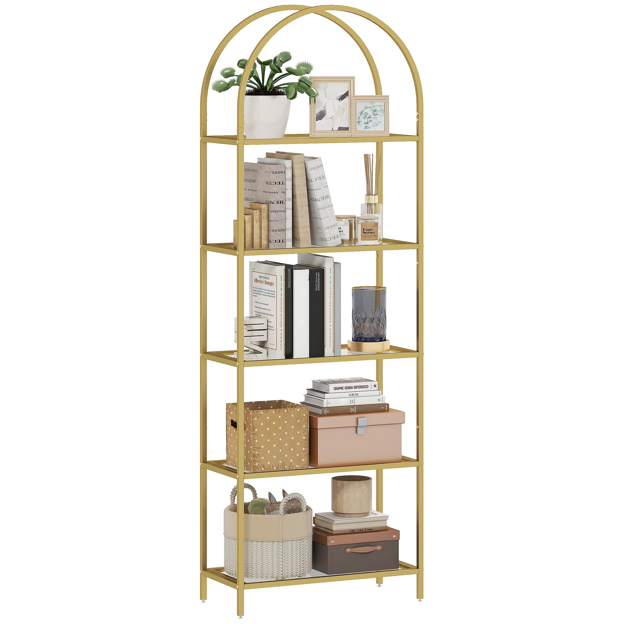 HOMCOM Libreria Scaffale ad Arco a 5 Ripiani, Scaffale Portaoggetti Moderno in Vetro Temperato con Struttura in Acciaio, per Bagno, Soggiorno, Camera da Letto, Studio e Ufficio, 60x30x175 cm, Oro