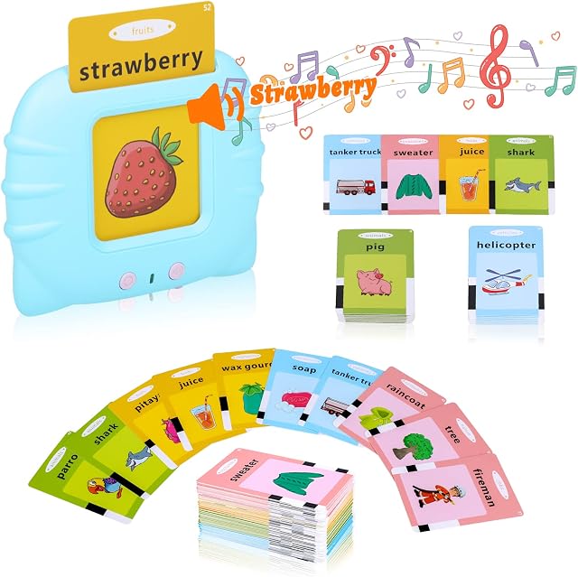 Cooja Talking Flash Cards for Toddlers Age 1 2 3, Interactive Learning Educational Toys for 2 3 4 5 6 Year Old, Phonics Alphabet Flash Cards with 224 Words for Baby Kids Boy Girl (Blue)