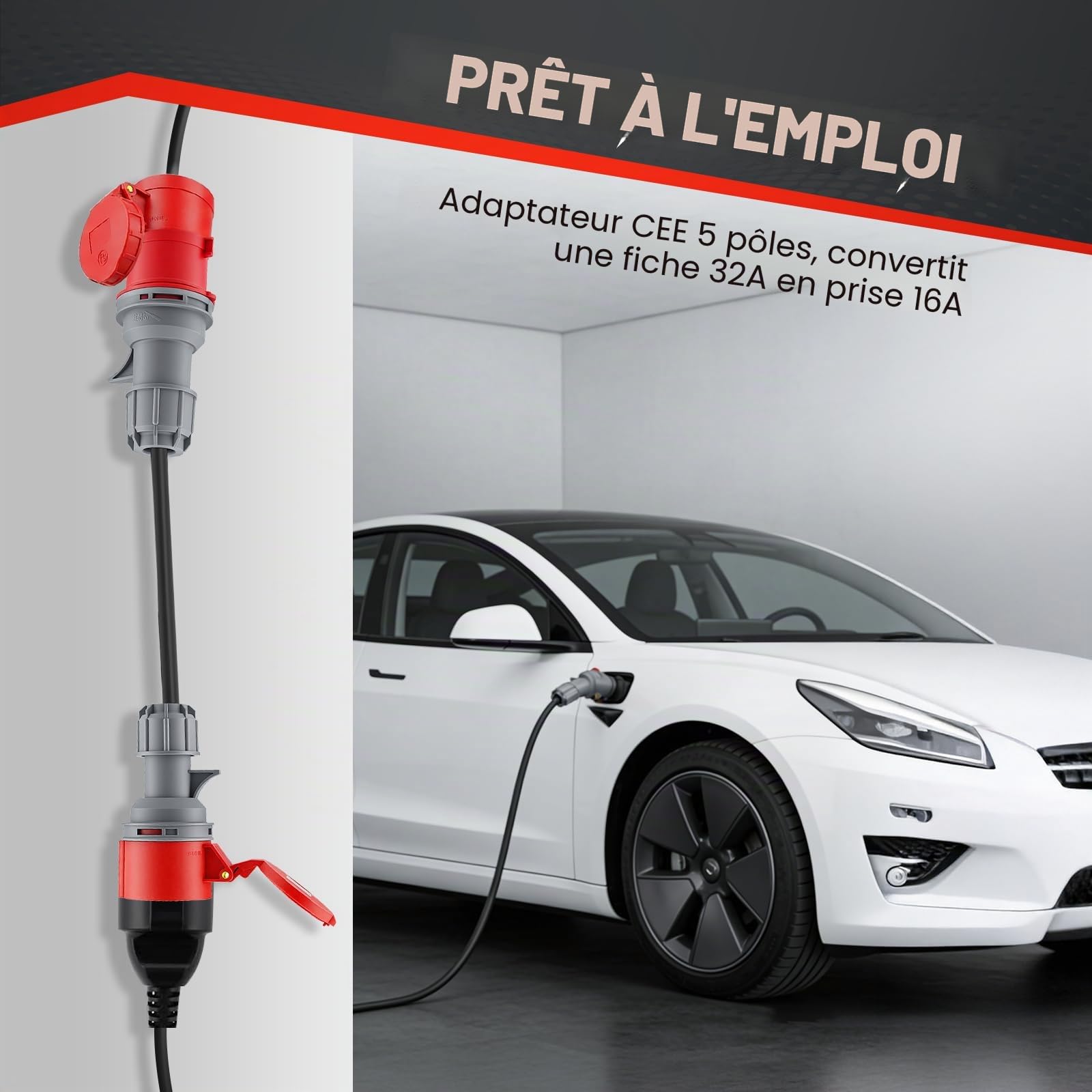 Adaptateur CEE 32A vers 16A, 5 pôles, IP44 étanche avec Couvercle de Protection Auto-fermant pour Industrie, Chantiers et Voiture électrique