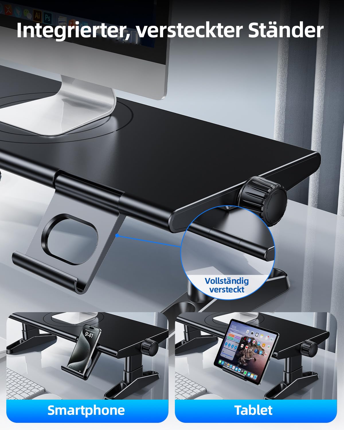 Monitorständer mit 6 USB C 3.0 Hub,HöHenverstellbar Monitor Erhöhung Schreibtisch Organizer Monitor Stand Riser mit Handyhalterung,Bildschirmerhöhung Ständer für Laptop,Computer,PC,Tv(Schwarz)
