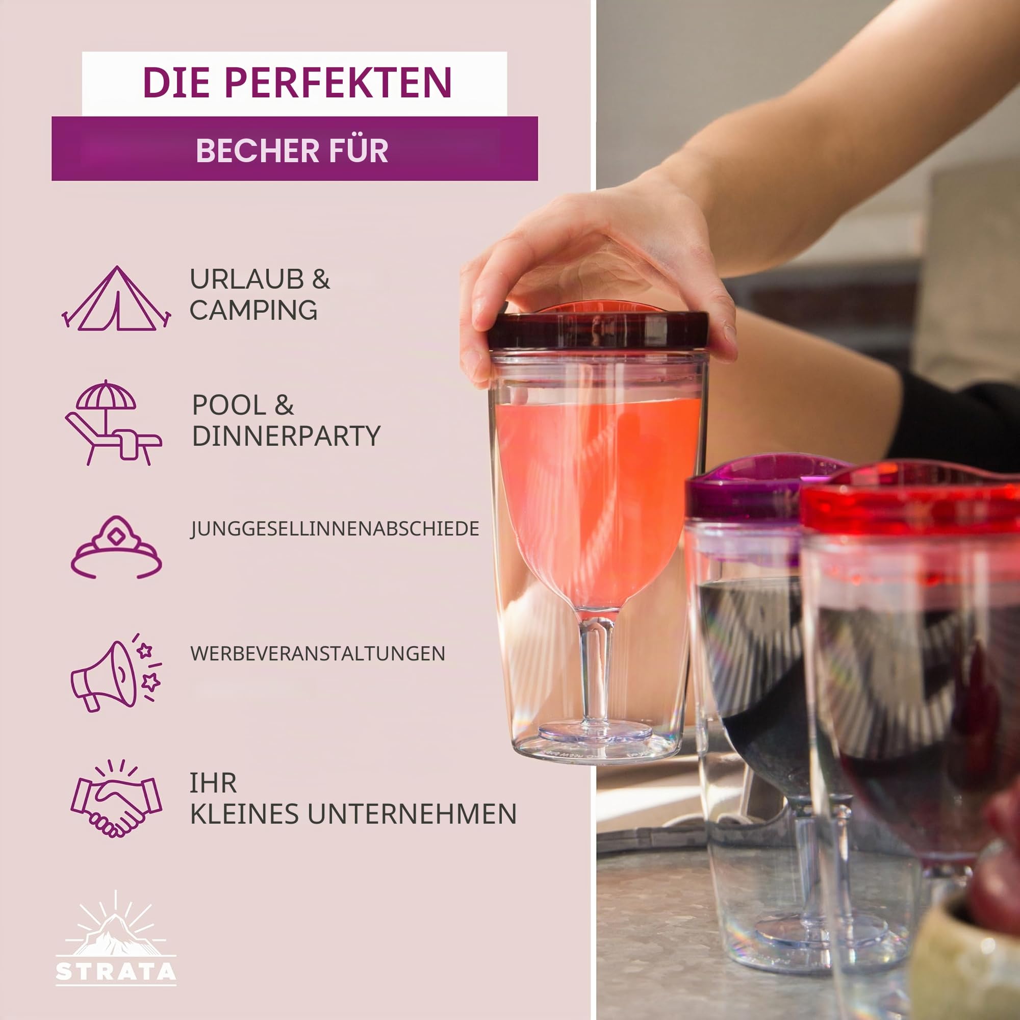 Isolierter Weinbecher mit Deckel (10 Stück) + Bonus-Aufkleber | Outdoor Acryl-Kunststoff Weingläser 284 ml Becher in 10 Farben – Erwachsene Schnabelflasche unzerbrechliches Weinglas ohne Stiel