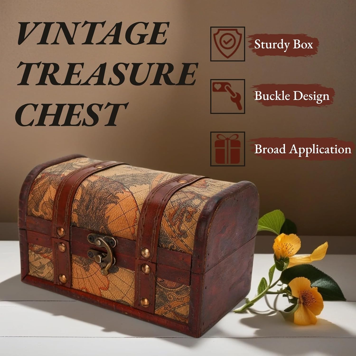 DAUERHAFT Wooden Treasure Chest, Vintage Style Handmade Jewelry Storage Box, Decorative Wood Organizer for Home Office Jewelry Gifts